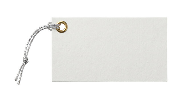 Blank white paper tag with a silver string and metal eyelet isolated on a transparent background.