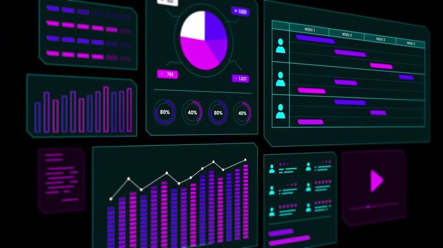 Futuristic interface panel with purple bar graphs and abstract data analytics.