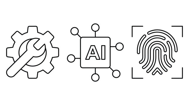 Set of linear icons for artificial intelligence, computer repair, and biometric security on transparent background.