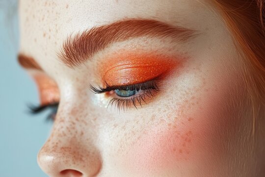 Close-up of a woman with freckles, red hair and striking blue eyes, accentuated by vibrant orange eyeshadow. A beauty portrait in soft light.