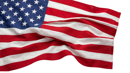 Obraz premium Waving united states of america flag with red white and blue stripes and stars against transparent background.