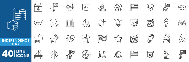 Independence Day Patriotic Celebration and National Freedom Line Icons Collection for Holiday Event Web Design and American Festival Theme © Mehedi