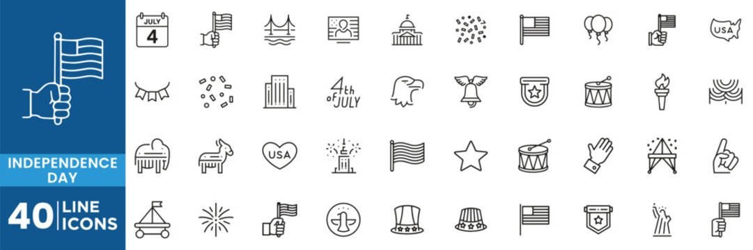 Independence Day Patriotic Celebration and National Freedom Line Icons Collection for Holiday Event Web Design and American Festival Theme