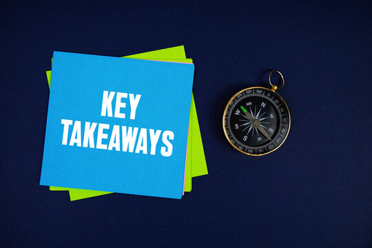 Key Takeaways text written on sticky note with compass on blue  background