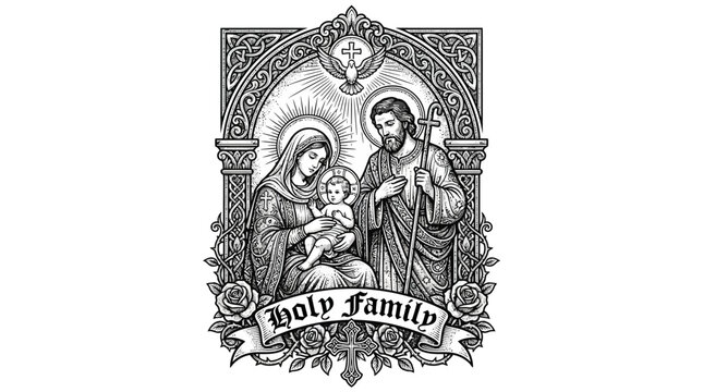 Holy Family Illustration with Celtic Knotwork Frame