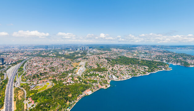 Istanbul, Turkey. Scenic aerial overview of metropolis straddling Europe and Asia across Bosphorus. Aerial view