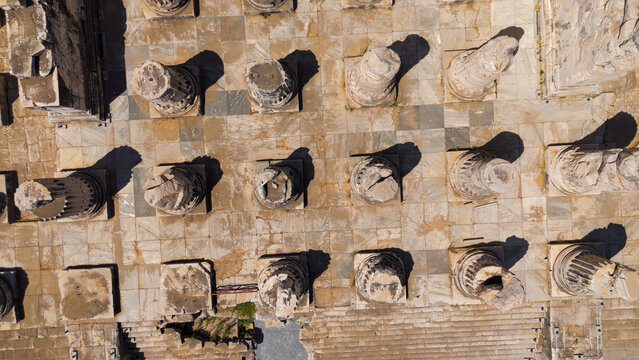 Didim, Turkey. Aerial view of Didyma archaeological excavation, Apollo Temple ruins being studied and preserved. Aerial View