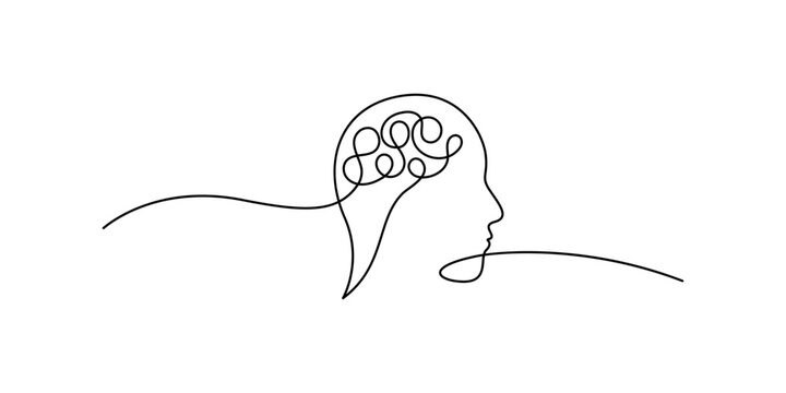 Single continuous line art of a human head profile with tangled brain thoughts. Concept of psychology, mental health, anxiety, creativity, and philosophy. Minimalist black and white vector