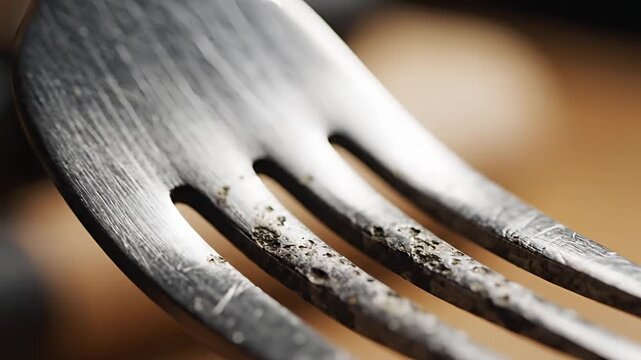Closeup Macro Shot of Dirty Fork Tines with Food Debris.