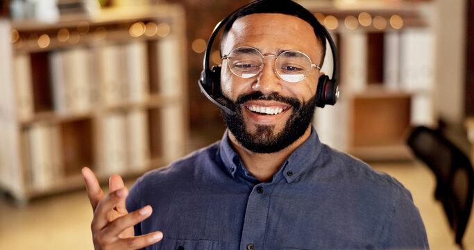 Telemarketing, man and happy with headset in call center for product knowledge, explain and offer. Glasses, sales agent and consulting outbound client for service promotion, cold calling and friendly