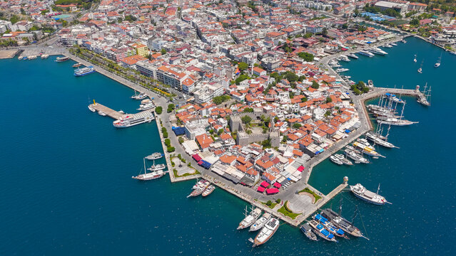 Marmaris, Turkey. Aerial drone view of the seafront promenade with Marmaris Castle, bazaar and marina on a sunny summer day. Old town and Mediterranean coast.. Aerial View