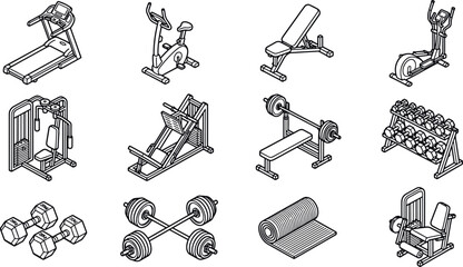 Fototapeta premium Isometric gym equipment set featuring treadmill barbell dumbbells exercise bike workout bench and fitness tools for bodybuilding training vector illustration