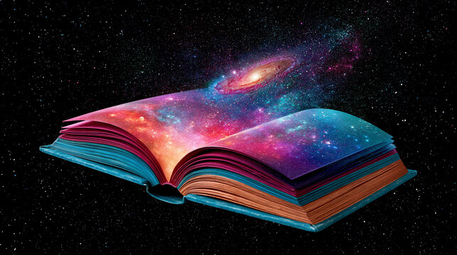 Surreal open book floating in deep space with glowing galaxies emerging from pages