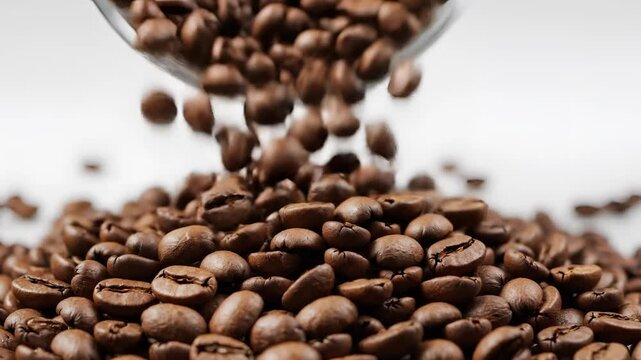 Closeup shot of roasted coffee beans pouring from a container onto a pile.