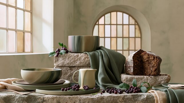 Artisanal ceramic tableware and fresh bread on stone surfaces