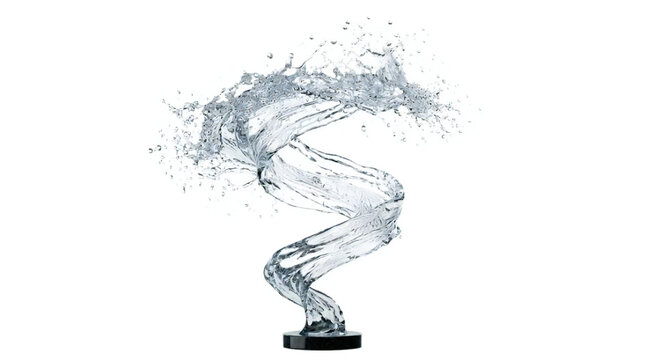 Dynamic abstract spiral of pure water splashing and twisting upwards, embodying refreshing fluidity and invigorating motion, isolated on a clean white background