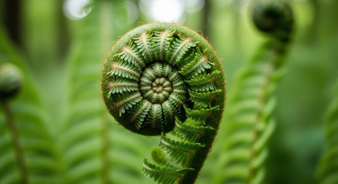 A vibrant green fern frond unfurling in a spiral pattern, showcasing new growth in nature.