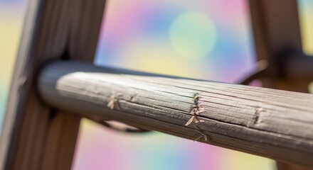 Fototapeta premium Close-up of a Wooden Ladder with a Colorful Bokeh Background.