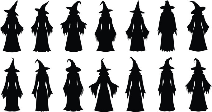 Collection of black silhouette witch figures with pointed hats
