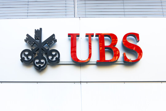 UBS bank logo and sign on building facade