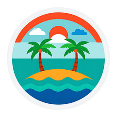 Fototapeta premium Tropical island paradise scene with palm trees, ocean waves, and a bright sun under a rainbow arc, flat illustration style