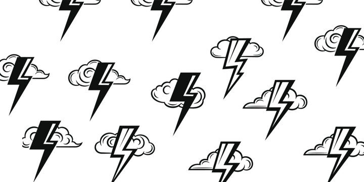 Black and white lightning bolt and cloud seamless pattern