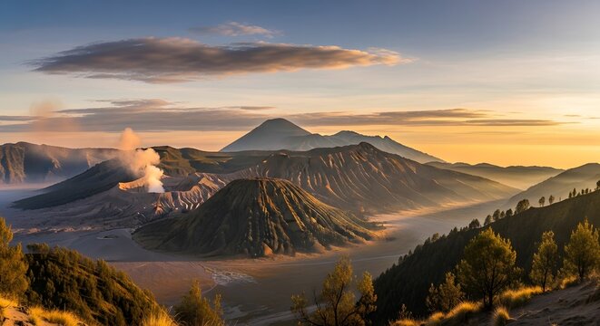 Mount Bromo volcano erupting smoke at sunrise, dramatic volcanic landscape with golden light and mist in Indonesia