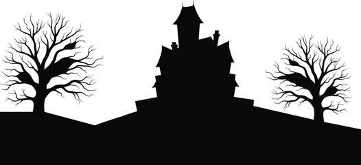 Fototapeta premium Spooky silhouette haunted mansion with bare trees against white sky