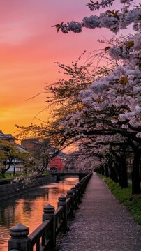 "Beautiful cherry blossom trees blooming along a canal pathway during a vibrant sunset in Japan"