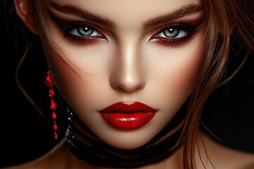 Fototapeta premium Close-up on a captivating woman, highlighting her striking features: alluring eyes, flawless skin, and bold red lips against a dark backdrop.