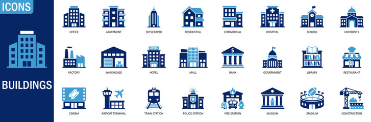 Obraz premium Building icons set for urban architecture real estate city infrastructure and construction symbols
