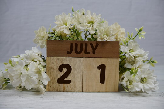 Wooden Calendar Showing the Date of July 21th. Day 21 of July month