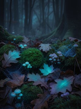 Glowing Bioluminescent Mushrooms in Dark Enchanted Forest Background