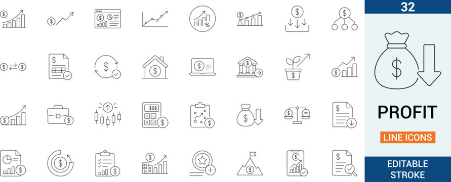 Financial profit set of 32 web icons in line style. Money income linear icon collection. Containing money savings, finance, growth, investment, payment, earnings, management and more. Editable stroke
