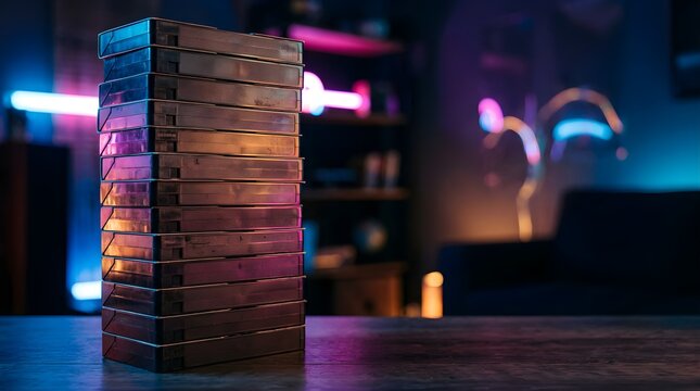 Stack of retro VHS videotapes illuminated by colorful neon lights on a table