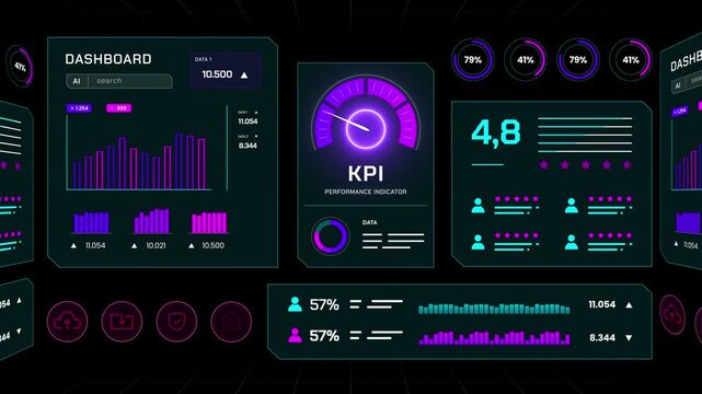 High tech digital dashboard visualizing key performance indicators and growth metrics for business monitoring.