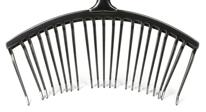 Close-up of a black plastic fan leaf rake head, perfectly isolated on a crisp white studio background