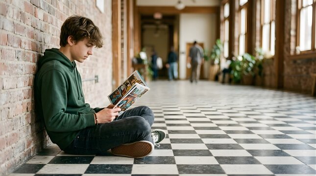 Teenage boy sitting on a hallway floor reading a comic book in school