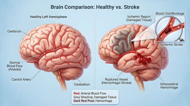 Comparison of a Healthy Brain Hemisphere versus a Brain Affected by Stroke, Illustrating Ischemic and Hemorrhagic Types