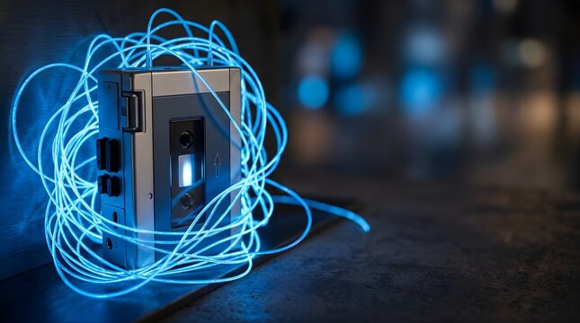Vintage cassette player wrapped in glowing blue neon wire on dark table