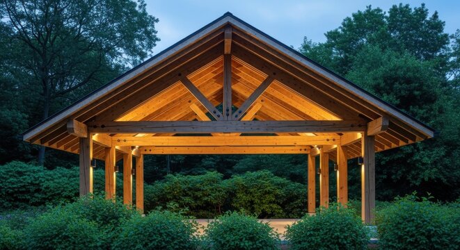 Exposed timber beams create a warm, inviting roofline for an outdoor structure at dusk