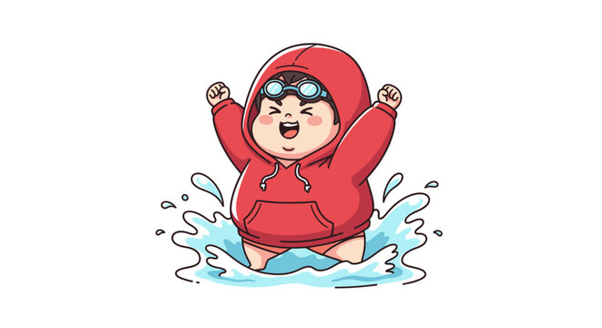 Joyful cartoon character happily splashing in puddle water.