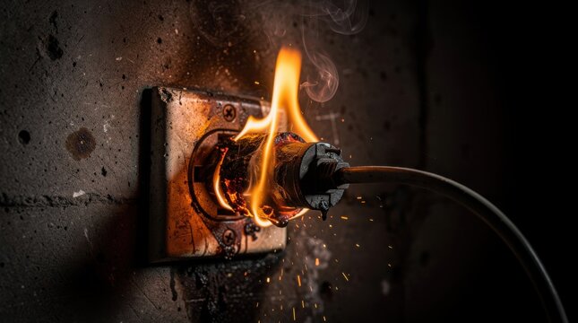 An overloaded electrical outlet and plug burst into flames, sparking and smoking. This image depicts a dangerous electrical fire hazard caused by a faulty connection or short circuit.