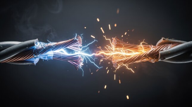 A thick, frayed electrical cable sparks with blue and orange energy. The arcing lightning symbolizes power, connection, danger, and high voltage.