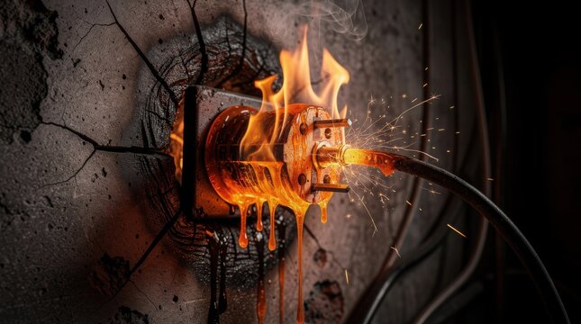 An overloaded electrical outlet melts and catches fire, sparking dangerously. The socket is plugged into a cracked, dark wall, creating a hazardous scene.