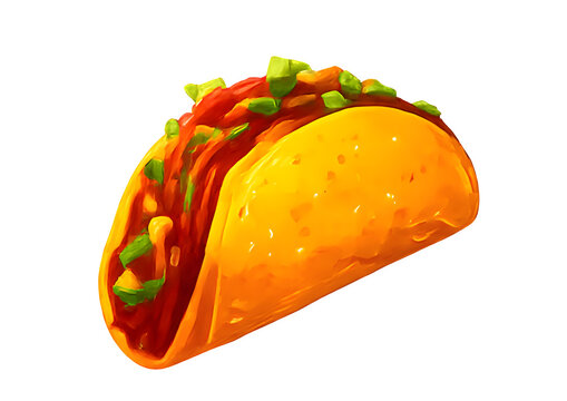 A digital glossy illustration of a golden yellow hard shell taco filled with seasoned meat, red salsa, and chopped green scallions. The taco is shown as an isolated object with a transparent PNG backg