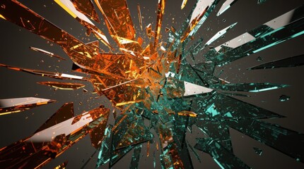 A dramatic explosion of shattered glass. Sharp, reflective shards in contrasting orange and teal radiate outward against a dark background.