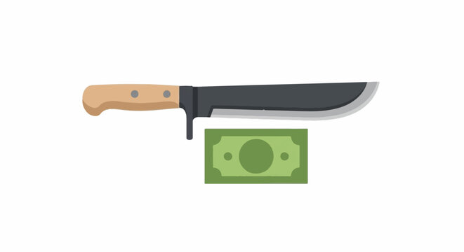 Sharp machete slicing through a green dollar bill illustration.