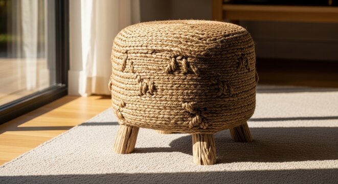 Natural Woven Stool With Earthy Texture And Wooden Legs On A Light Carpet