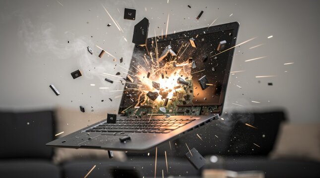 A laptop computer violently explodes, sending sparks, smoke, and fragmented pieces flying outward in a dramatic burst of technological failure.